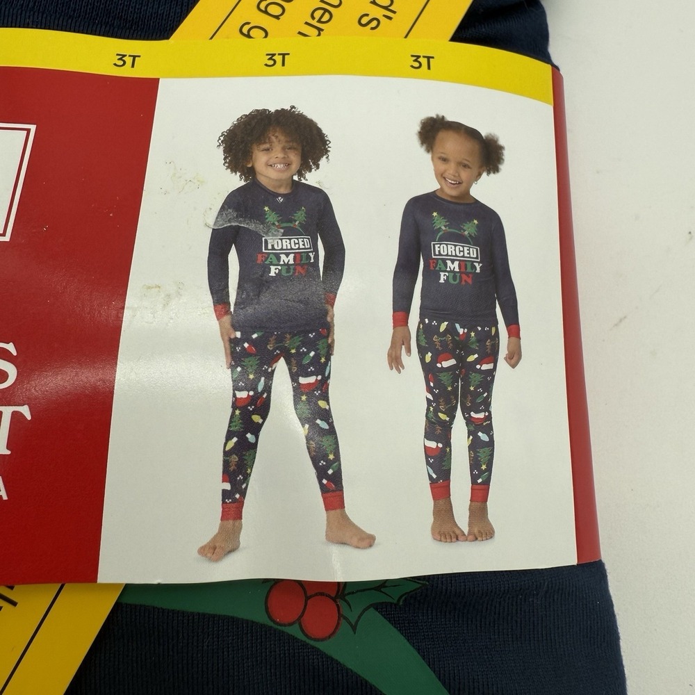 Kids Pajama 3T 2 Pc Set Unisex Blue Family Sleepwear Forced Family Fun Christmas